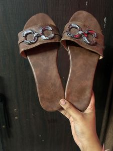 Brown Slides with Silver Buckle Detail