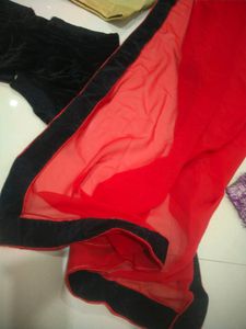 Off White Lehenga With Black Velvet Blouse And Contrast Red Chiffon Dupatta