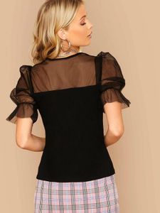Brand: MIRABIMIRABI V-Neck Mesh Yoke Trim Fitted T