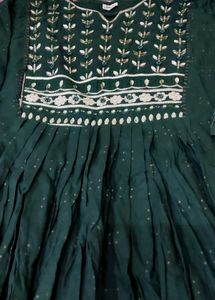 Dark Green Cotton Anarkali With Beautiful Work