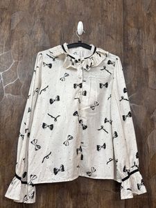 Bow Print Ruffle Korean Top