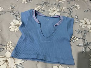 Cute Blue Ribbed Crop Top
