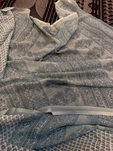 Vintage Blue Patterned Saree With Blouse Piece