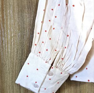 Salmon Colored Shirt With Lovely Red Dot Print.