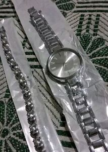 Watch And Bracelet Combo- Silver