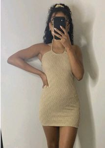 H&M Beige Tan Textured Halterneck Mini Dress