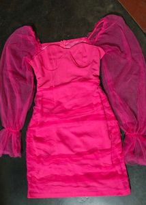 Hot Pink Mesh Sleeve Mini Dress