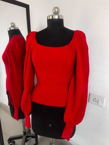Red Knit Square Neck Top