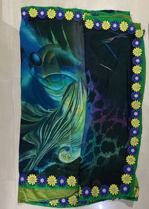 Floral Trim Green &amp; Blue Saree