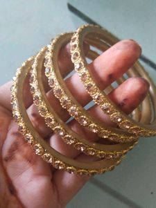 Set of Gold Bangles with Rhinestones