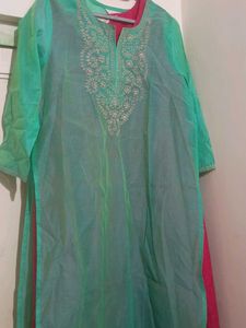 Pink Sleeveless Dress With Green Kurta On Top