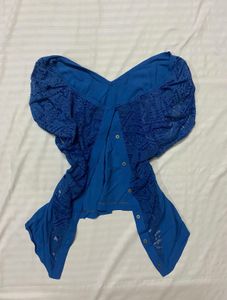 Blue Lace Trim Button Down Top