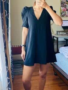 Zara Black Mini Dress With Puff Sleeve Detail