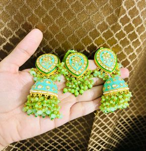 Teal Jhumka Earrings with Maangtikka