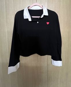 Preppy Black Polo with White Collar &amp; Red Heart