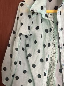 Sea Green Polka Dots Collared Shirt With Net Desig