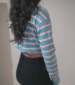 Blue &amp; Pink Striped Long Sleeve Crop Top