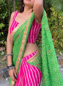 Chic Pink and Green Leheriya Saree with Blouse