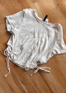 H&M White Ribbed Drawstring Top