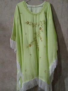 Lime Green Embellished Kaftan With Dupatta