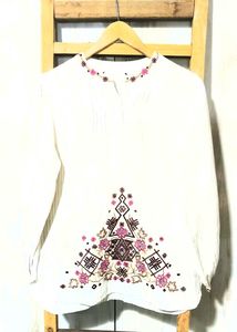 Embroidered White Tunic Top Size-40