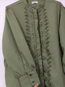 Olive Green Shirt-Style Top with Lace &amp; BellSleves