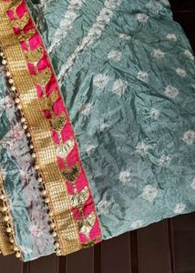 Embroidered Blue Bandani duppata with pink border