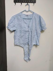 Gingham Printed Top With Tie Up