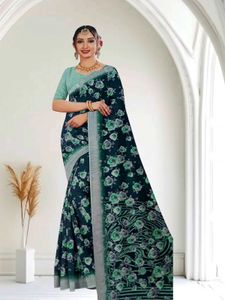 New Cotton Linen Floral Print Saree With Blouse