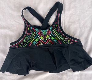 Black Swim Top with Tribal Embroidery