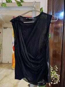 Zara Woman Black Drape Sleeveless Mesh Top