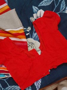 Red Blouse with Colorful Saree