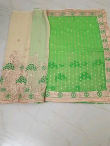 Parrot Green And Cream Colour Saree