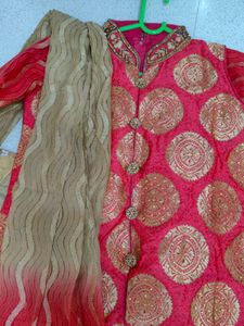 Rani Pink &amp; Gold Sherwani-Style Anarkali Set |