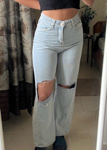 Blue Ripped Straight Leg Denims
