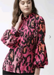 Pink Animal Print Bishop Sleeve Blouse