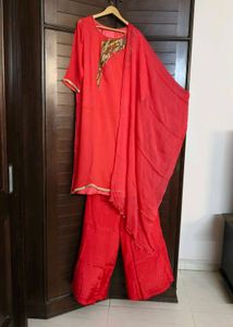 Women Red Georgette Beads Straight Palazzo Suit