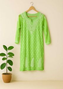 Lucknow Chikankari Handwork Embroidery Green Kurta