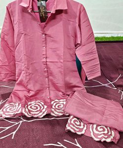 Embellished Pink Co Ord Set With Flower Embroidery
