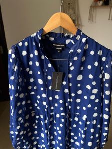 Tie Neck Tiered Blue polka DOT Midi dress
