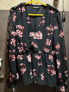 Black &amp; White Floral Print Bishop Sleeves Georgett