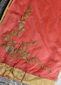 Women Peach Hand Embroidery Chanderi Silk Kurta