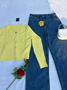 Outfit Set - Yellow Cardigan &amp; Wide Leg Jeans
