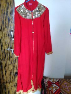 Red Mirror Work Fish Cut Long Gown