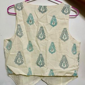 Ivory Ikat Print Waistcoat Top