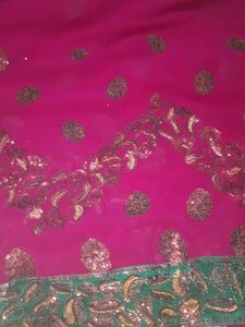 Embroidered Pink and Green Saree Fabric