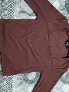 Brown Ribbed Square Neck Top