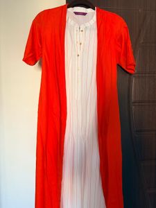 Stylish White Dress with Orange Shrug