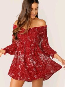 Shein Ditsy Floral Shirred Bodies Off Shoulder Dre