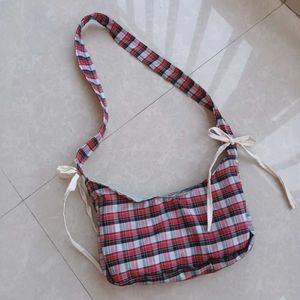 Plaid Shoulder Bag with Ties